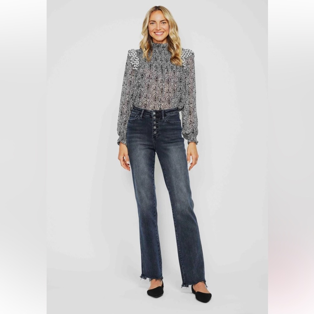 Judy Blue Dark Wash Straight Leg Jeans Raw Hem Stretch Size 29 9 EUC